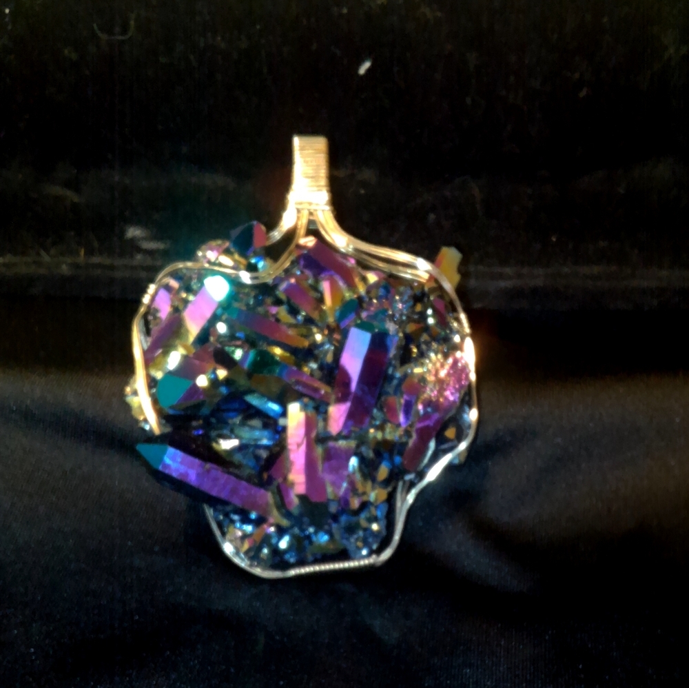 14k Gold Wire Wrapped Rainbow Aura Quartz Cluster Pendant